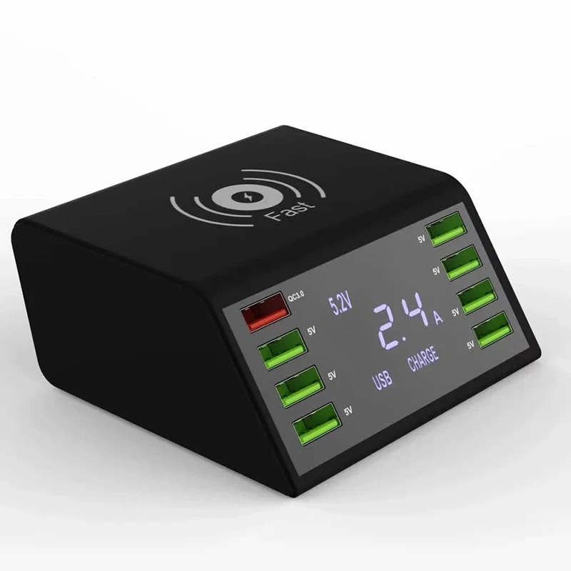 

SeenDa Multiple Ports QC3.0 USB Charging Dock Station 10W Wireless Charger Desktop 8 Ports LED Display USB Charger EU UK Plug