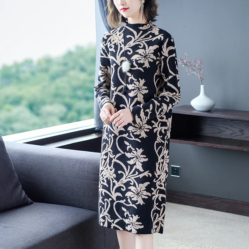 Женское осеннее 2019 Новое кашемировое вязаное платье с длинным рукавом свободные