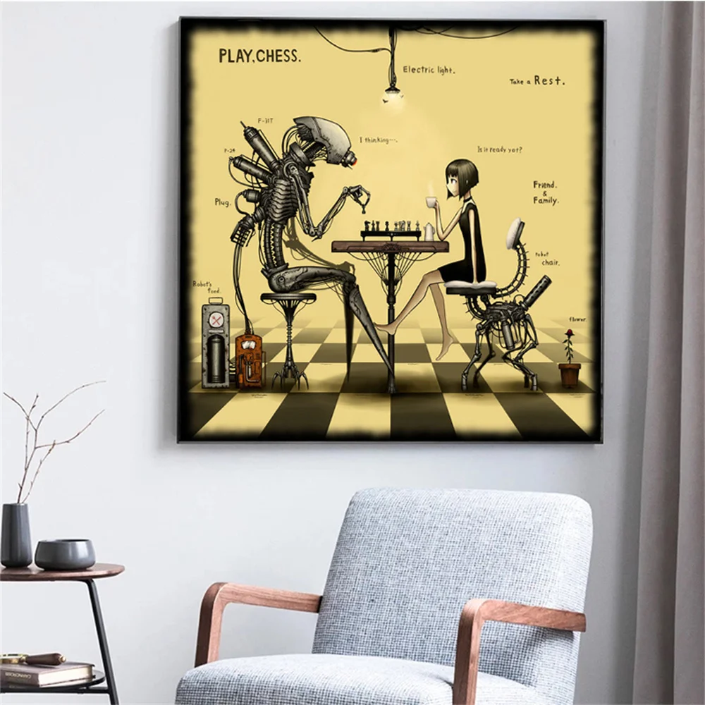 

Retro Girl Machine Mantis Chess Canvas Pictures Posters And Prints Abstract Wall Art Painting For Living Room Cuadros Decoration
