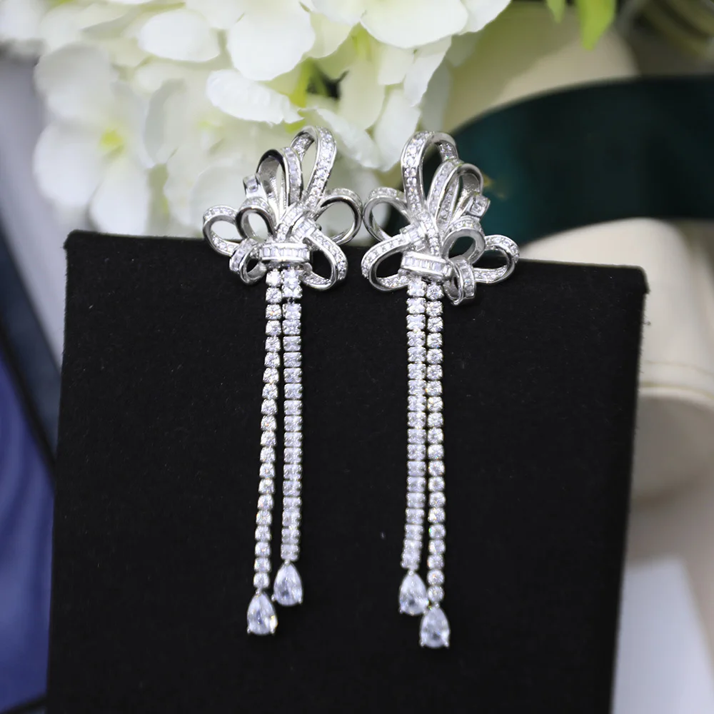

Gorgeous Luxury Brand Jewelry Bow Tassel Earrings Sterling Silver Allergy AAA Zircon Hot Hot Style Lady Eegance 2021 The New