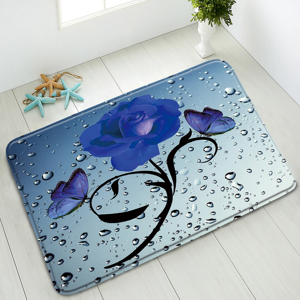 

Color Rose Flower Floor Mat Bathroom Non-Slip Mat Living Room Bedroom Kitchen Doormat Balcony Carpet Flannel Washable Home Decor
