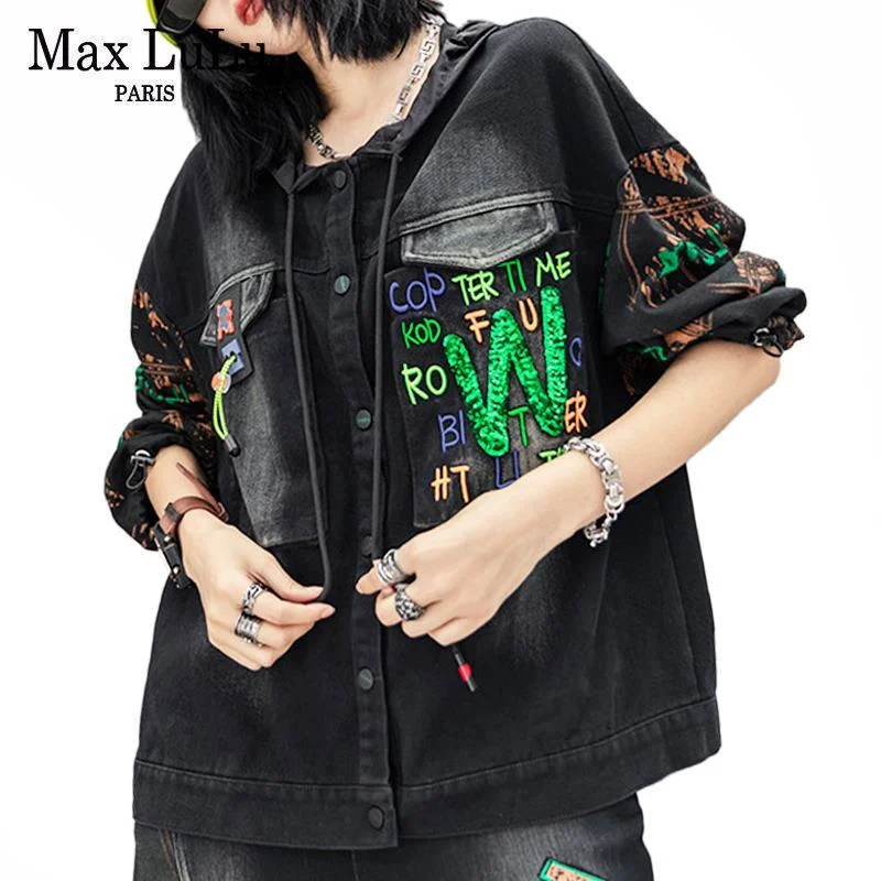 

Max LuLu 2021 British Black Denim Jacket Ladies Sequins Hooded Punk Coat Loose Streetwear Women Printed Vintage Button Clothing