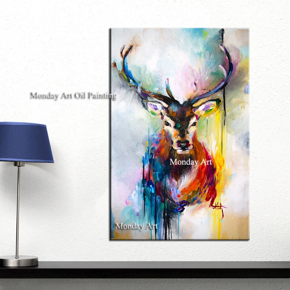 

100% Hand Painted Modern Wall Art Grey White Water Color Canvas Painting Deer Animal Posters Pictures for Living Room Decoration