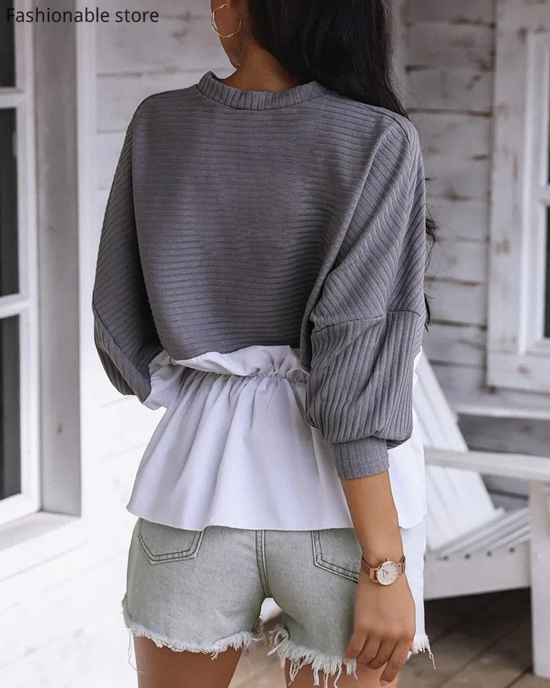 Женская Осенняя блузка в рубчик с круглым вырезом и рукавами летучая мышь |