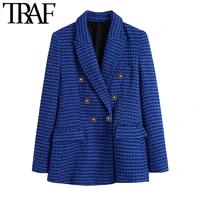 traf women fashion tweed double breasted blazer coat vintage long sleeve flap pockets female outerwear chic veste femme