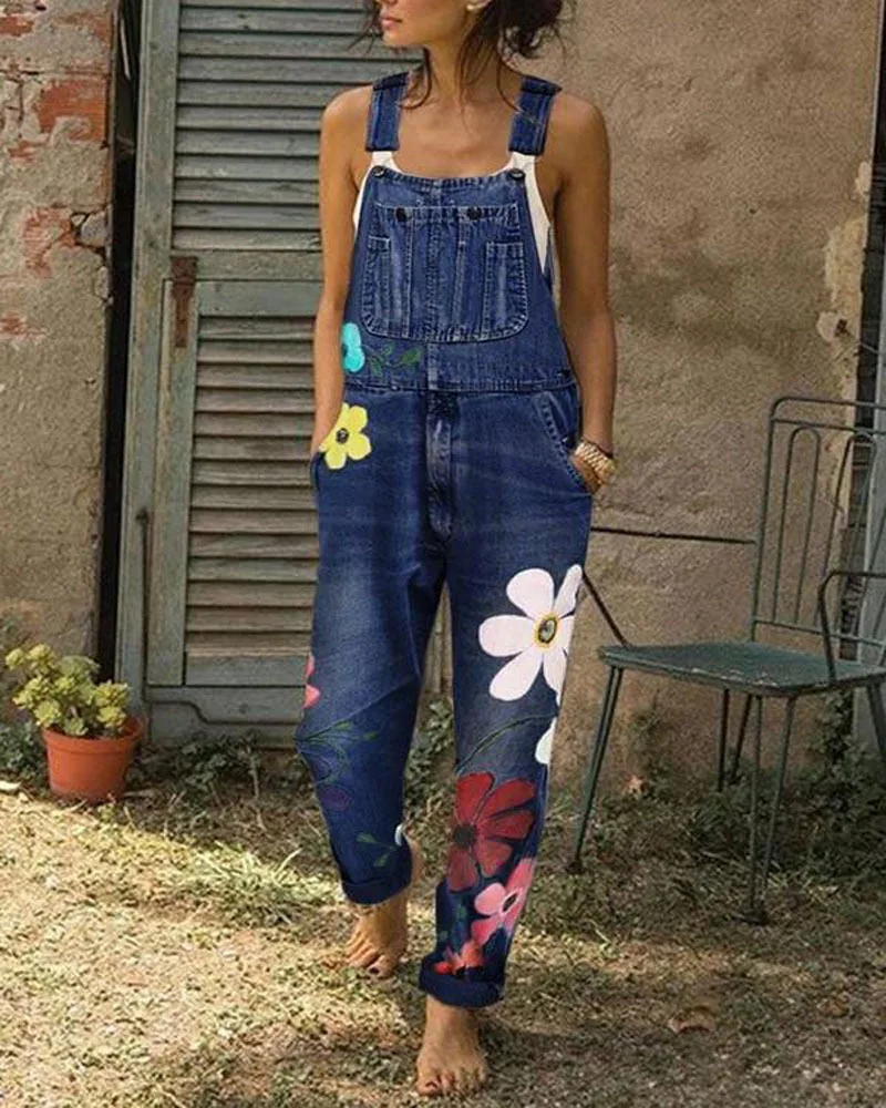 

Overalls For Women Jeans Denim Summer Printing Floral Blue Loose Baggy Pants Mom Jumpsuit Fashion Trousers Casual Full Length