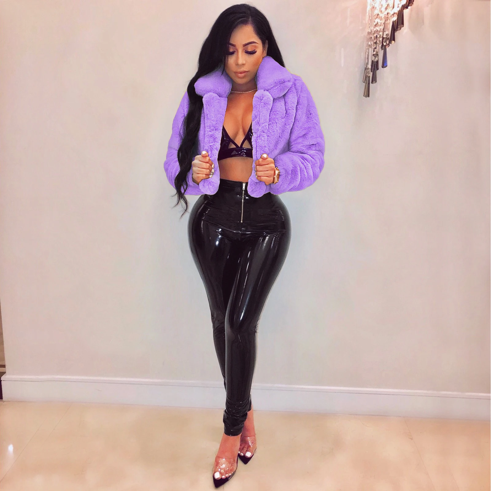 JRRY Casual Women Faux Fur Coats Long Sleeve Furry Cropped Jacket Open Stitch Fluffy Overcoat Plus Size XXL Outdoor Wear