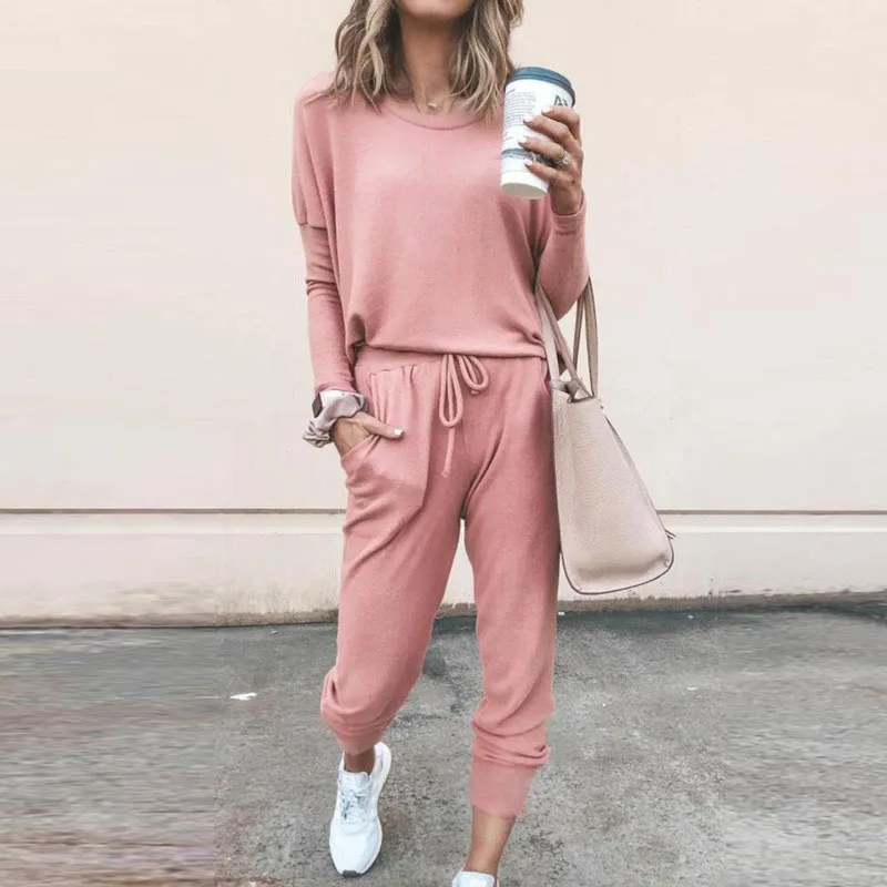 

Women Solid Tracksuits Long Sleeve Tops & Drawstring Tied Casual Pants 2 Piece Sets Autumn Sweatsuits Sets Streetwear