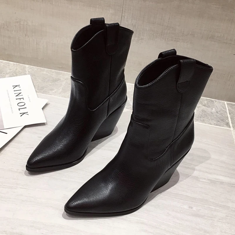 Выразительные ковбойские ботинки женская обувь на каблуке кожаные повседневные