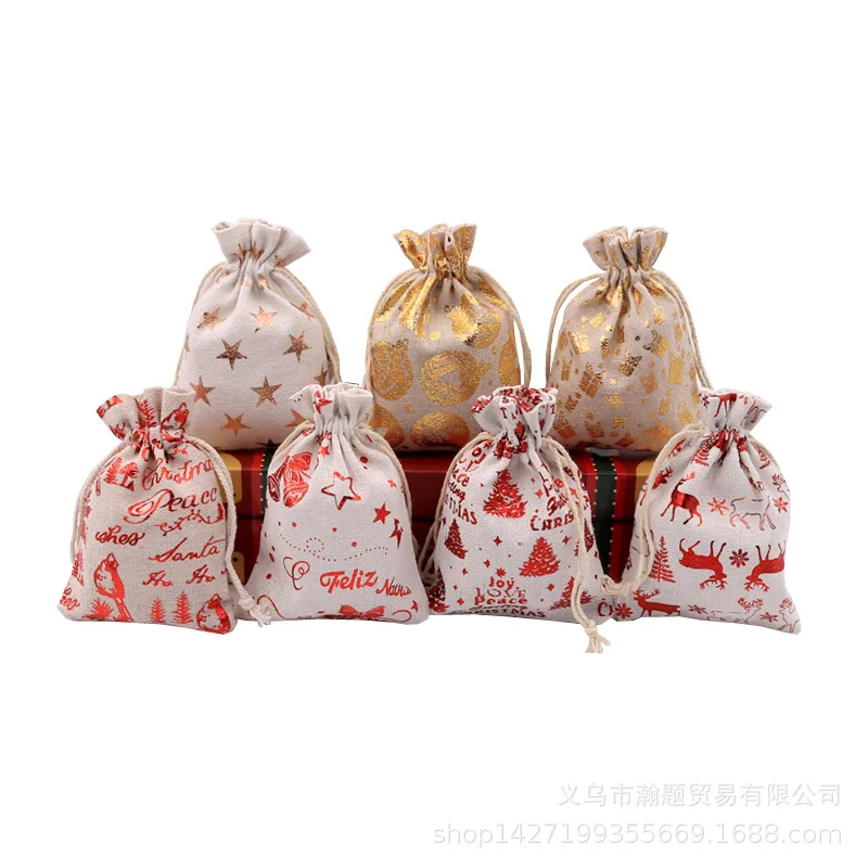 

50Pcs/lot Christmas Bronzing Cotton Bags Drawstrings Jewelry Gift Display Packing Bags Xmas Party Favor Candy Bags 10x14/13x18cm