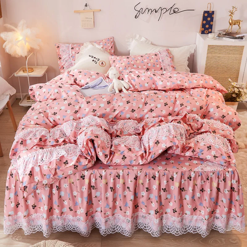 

Korean Luxury Pink Kawaii Bedding Set Duvet Cover Bed Linens /Bed Skirt Pillow Cases 4pcs King Queen Sizelace Cute Bedding Set