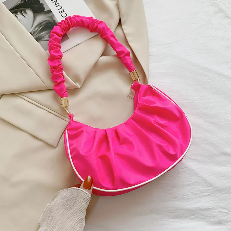 

Women's Shoulder Bag Fluorescent Candy Pink Color Pleated Belt Large Capacity Casual Handbags Wholesale New Trendy Female Bags