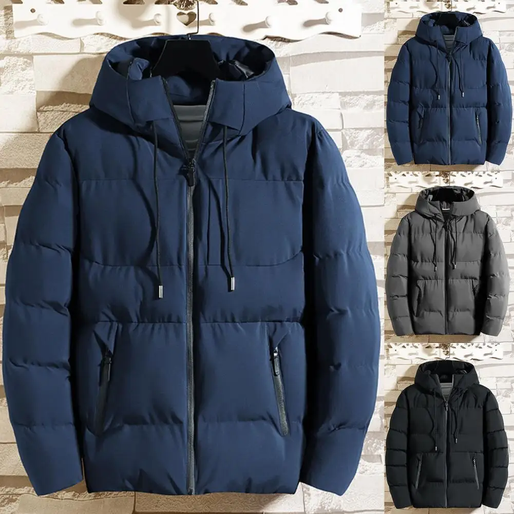 

Zipper Pockets Hooded Men Coat Autumn Winter Solid Color Stand Collar Puffer Jacket Outerwear