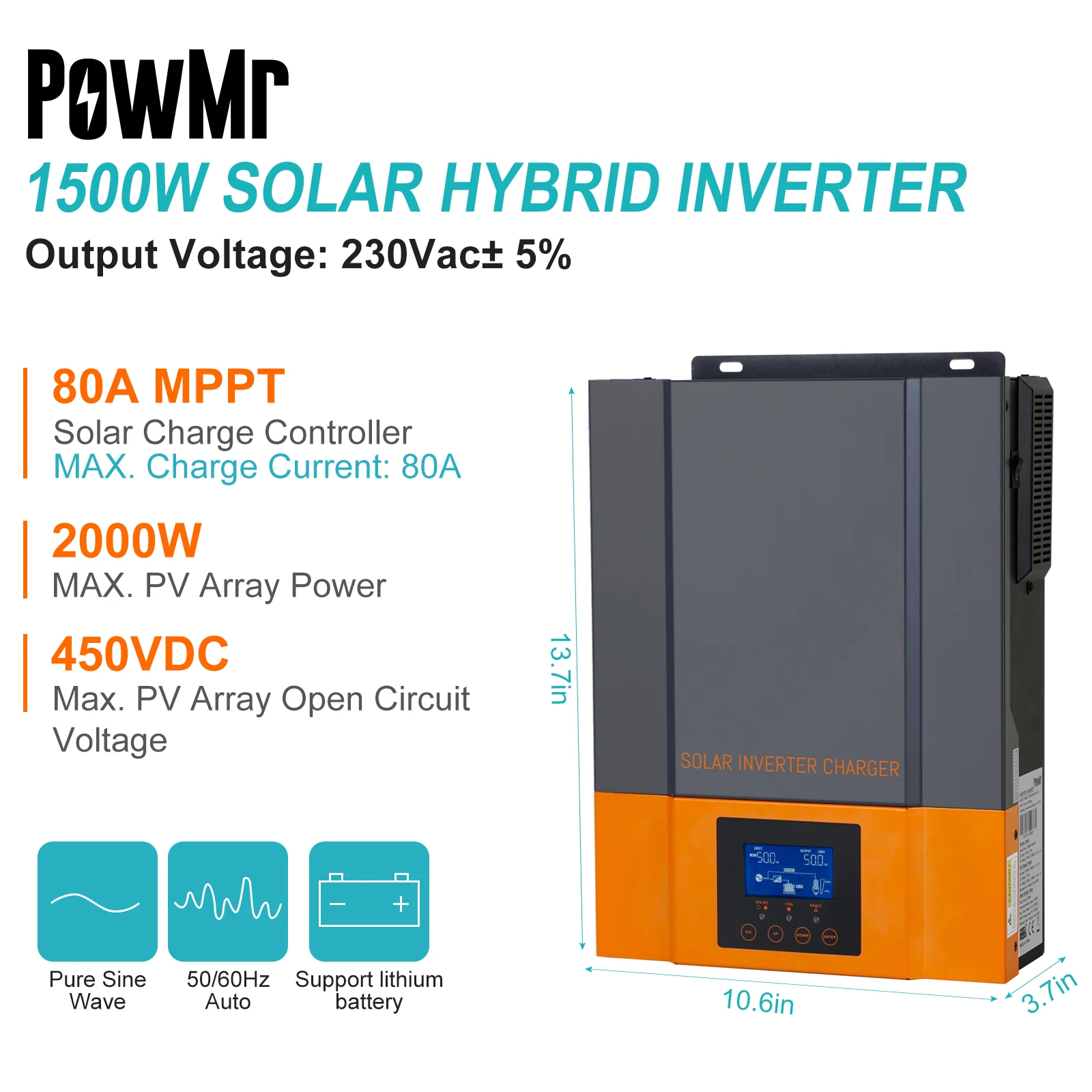 POWMR Support WIFI Module MPPT 80A Solar Charger 1500W 12V High Frequency Hybrid Inverter 230V Output Max PV 450V Battery Charge |