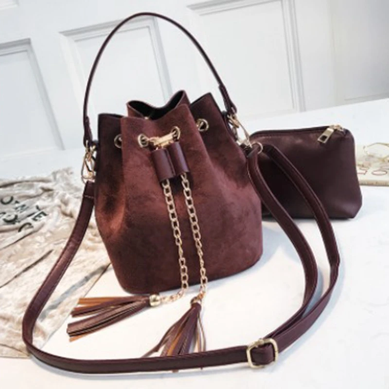 Женские замшевые сумки на плечо сумки-ведро с кисточками для девочек через