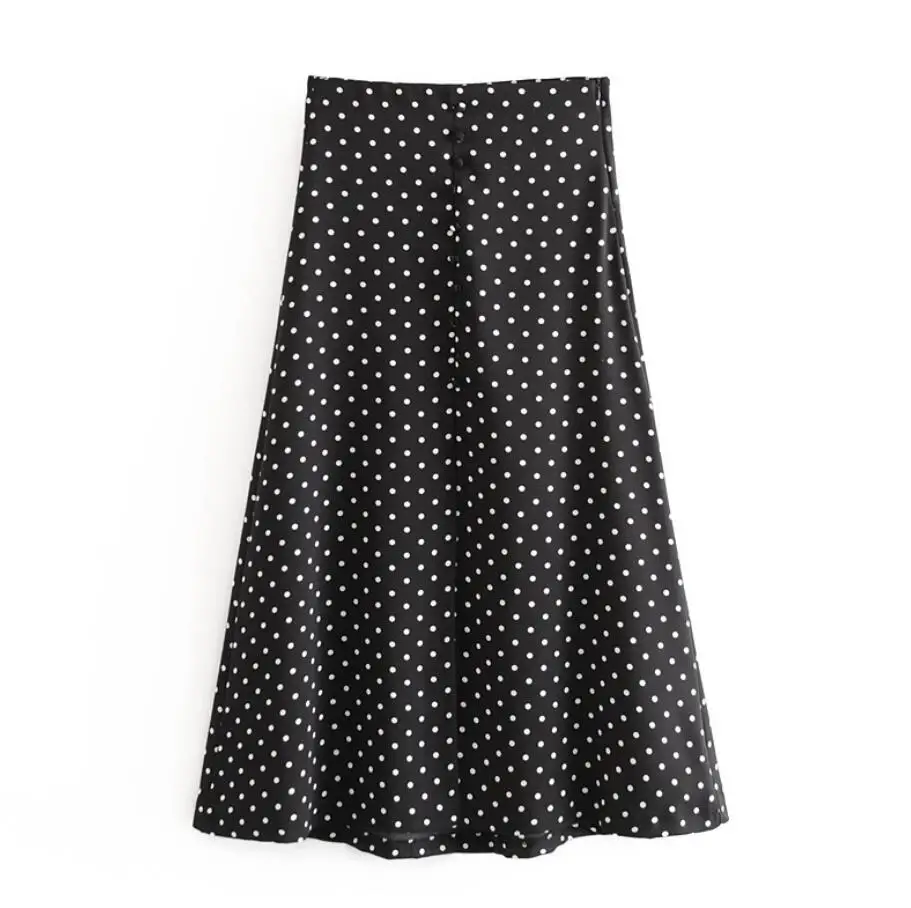 

stylish chiffon polka dot midi skirt side zipper decorate buttons split female office wear basic mid calf skirts