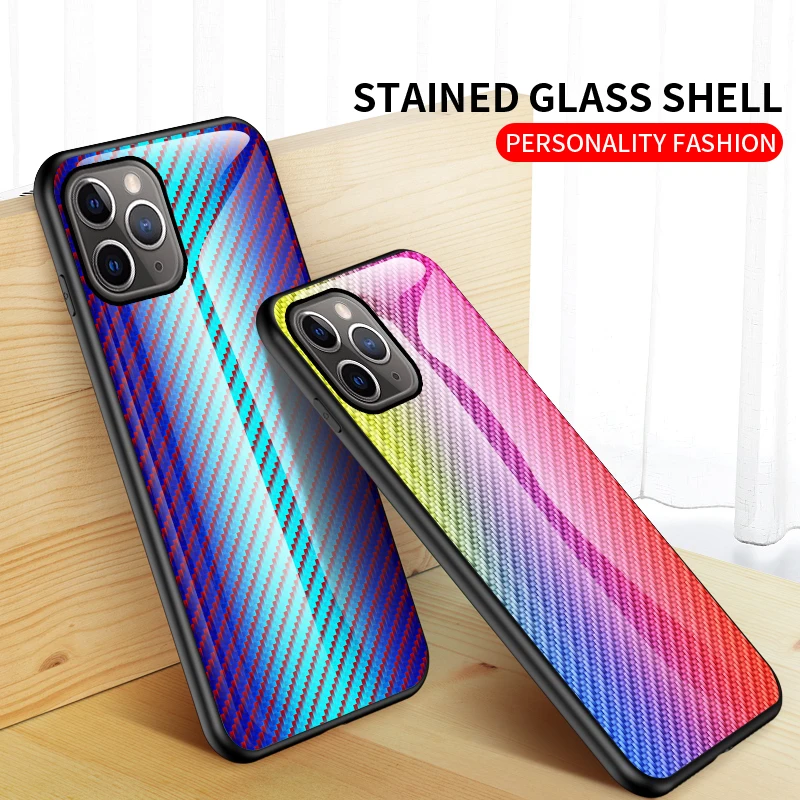 KEYSION Gradient Tempered Glass Case for iPhone 11 Pro Max Carbon fiber Shockproof Back Phone Cover |