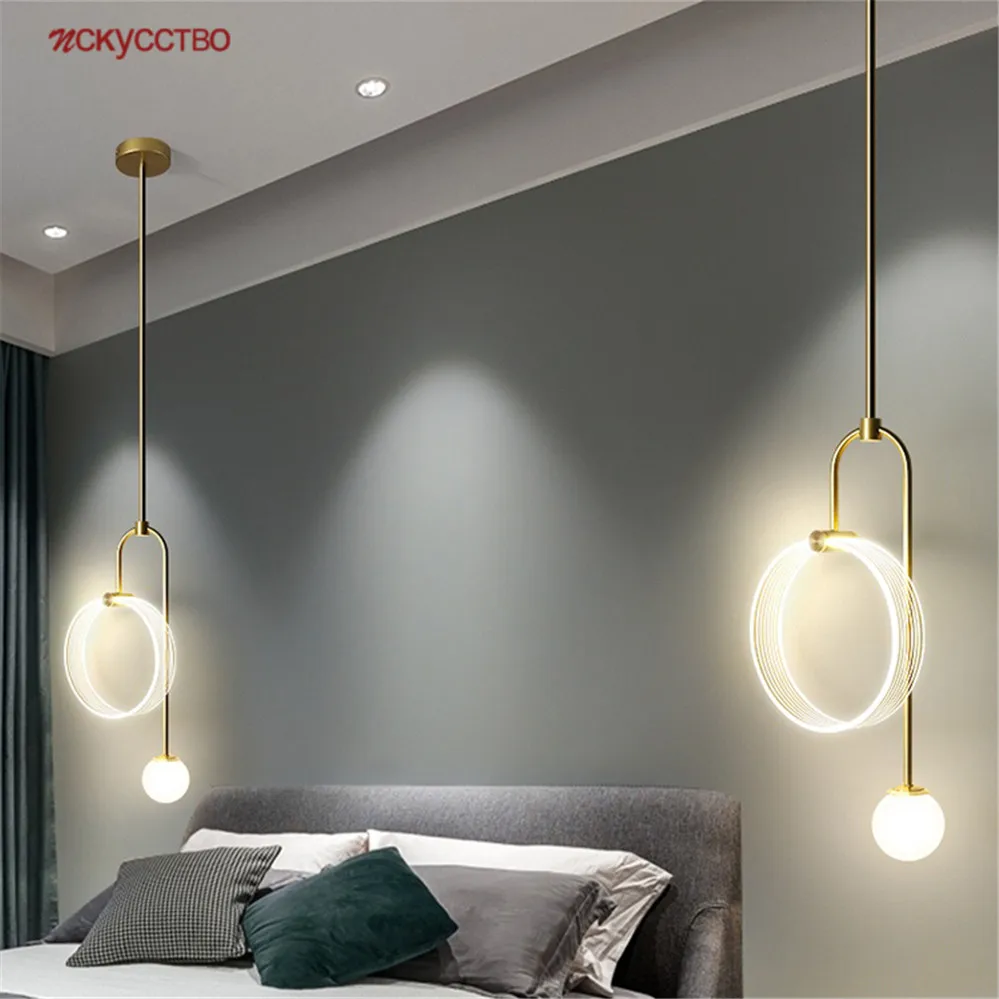 

Nordic Design Acrylic Ring White Ball Led Pendant Lights Luxury Bedroom Bedside Hanging Lamp Kitchen Indoor Lighting Fixtures