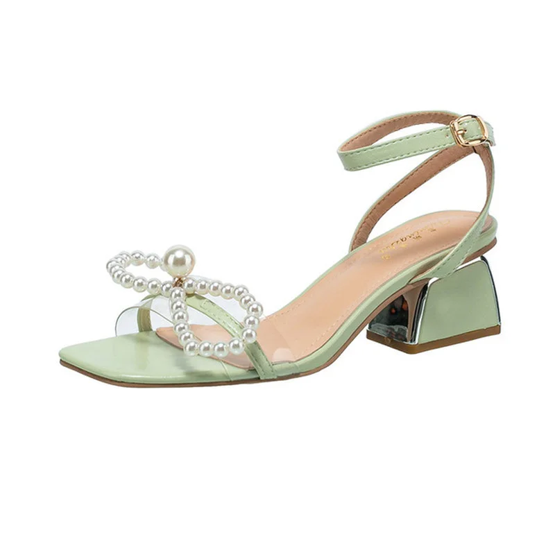 

Brand Square Toe Open Toe Fashion Women's Sandals 2021 Summer New Style Fairy Bead Bow Knot Platform High Heel Dress Women Shoes