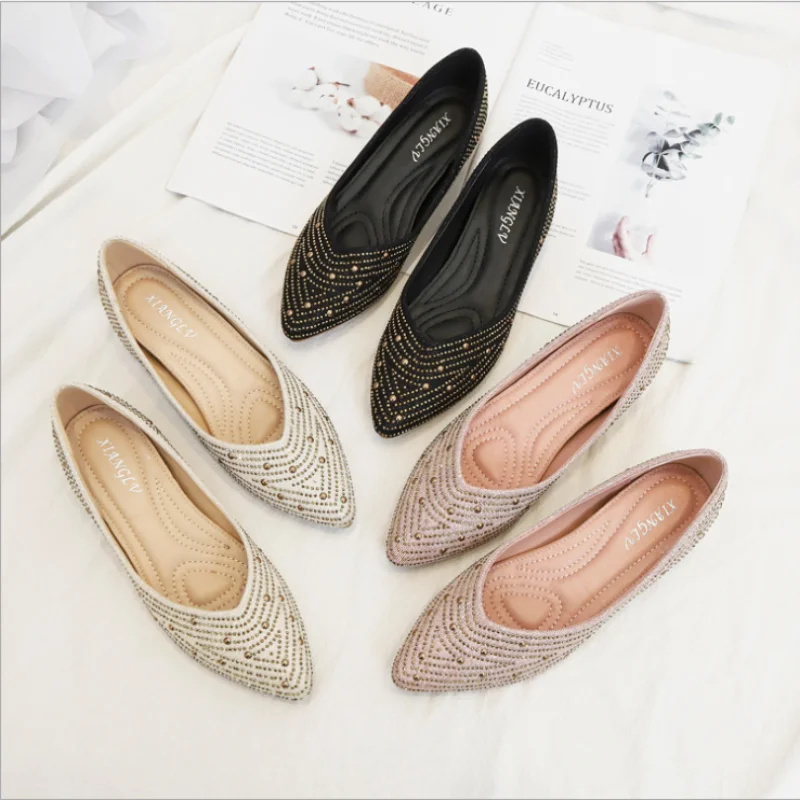 

2021 Summer Rhinestone Wedges High Heels Casual Fashion Comfortable Flat-bottomed Pointed Shallow Mouth Single Shoes Women XM064
