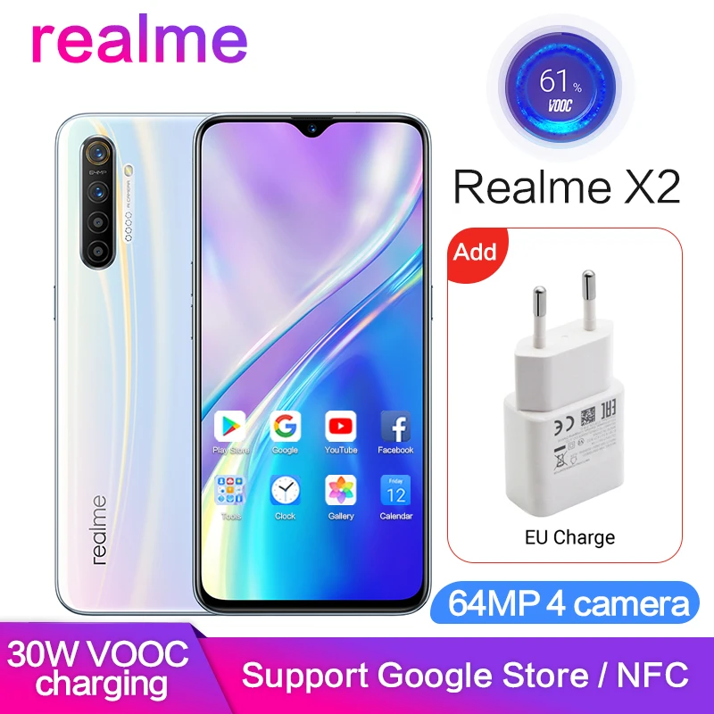 Оригинальный Realme X2 поддержка глобальной ПЗУ Google Play NFC 6 Гб 64 4 &quotAMOLED Полный экран