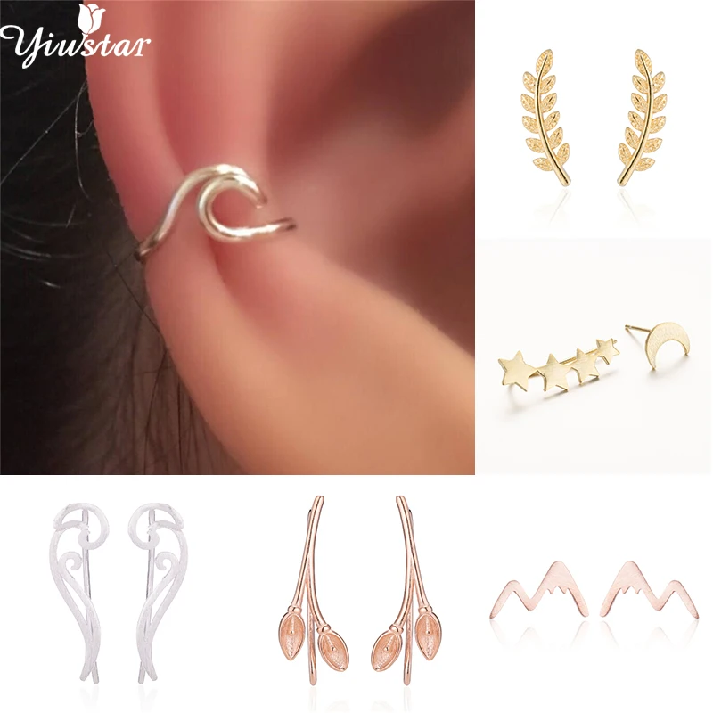 

Yiustar Vintage Gold Rose Leaf Earrings Cuff Ear Climbers Women Birthday Jewelry Sea Waves Fake Piercing Body Bijoux Gift