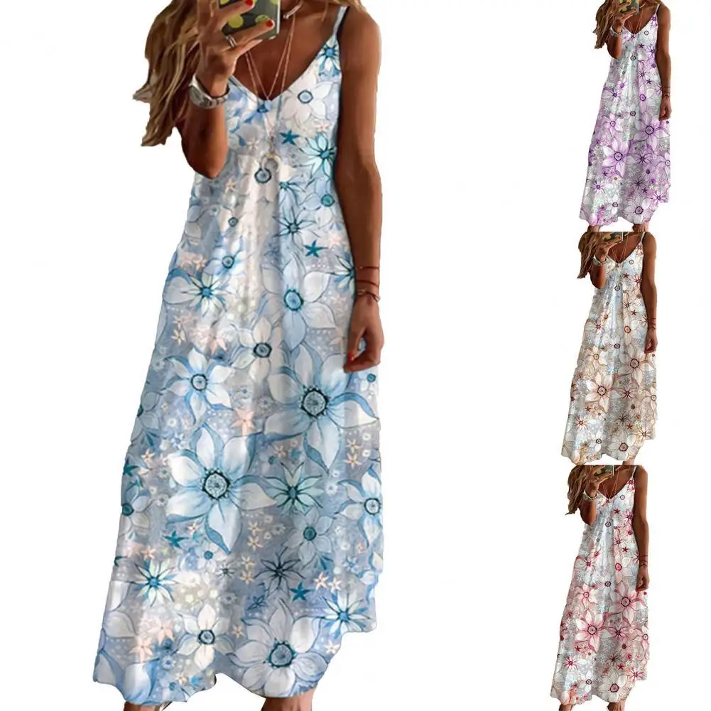 

Dress Sleeveless Long Type Polyester Floral Printed V-neck Women Dress for Party elegant fashion knee-length A-line dresses