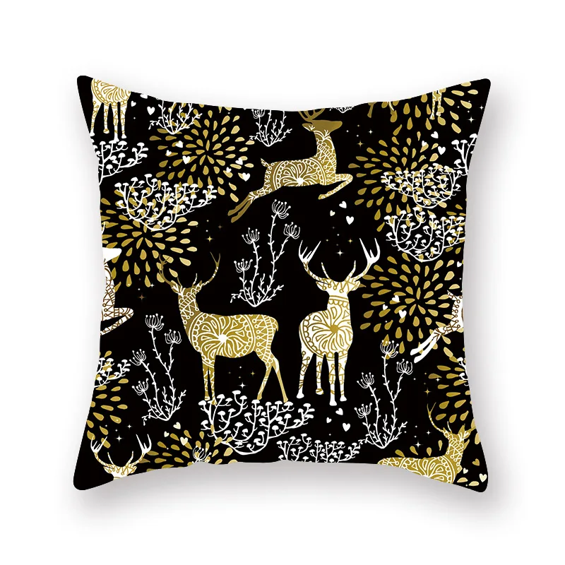 

Christmas Throw Pillow Cover Gold Elk Printing Polyester Throw Pillow Cover Sofa Office Cushion Cover