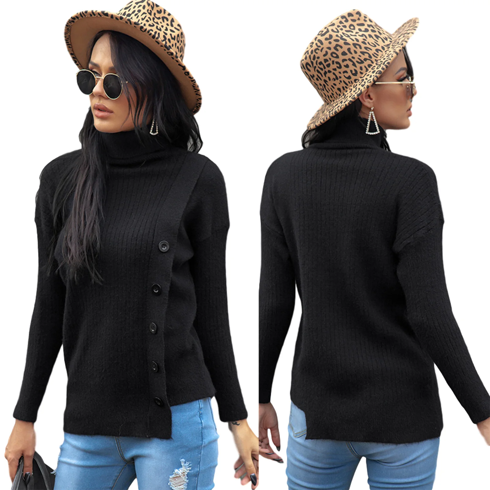 

Womens Leisure Long Sleeve Sweater Casual Loose High Collar autumn Irregular Solid Color Tops