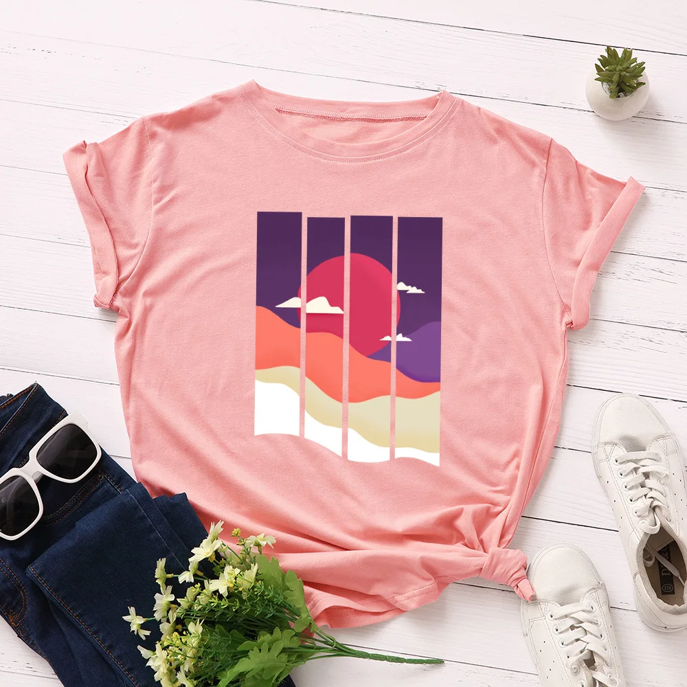 

Новинка, женская футболка из 100% хлопка, раньше женская футболка с принтом в виде заката, женские футболки с коротким рукавом, уличная одежда,...