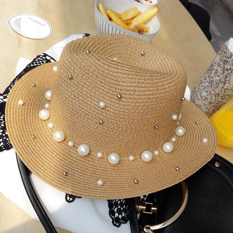 Английская соломенная шляпа с плоскими полями жемчугом и бусинами Женская