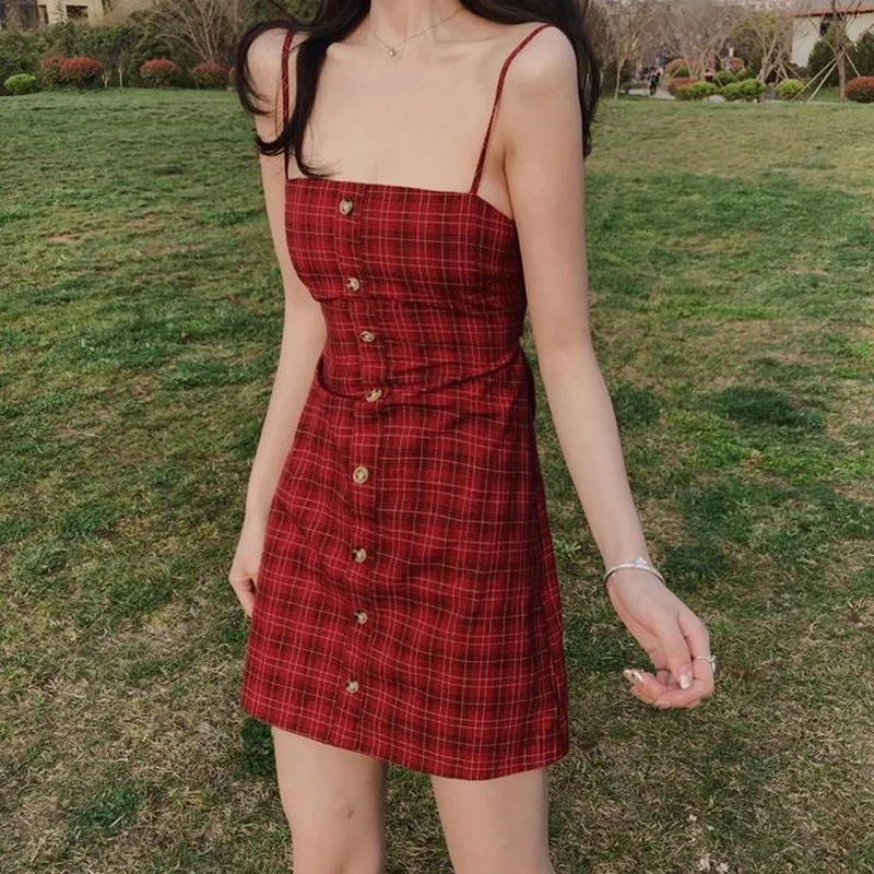 

QWEEK Red Plaid Sundress Summer Slip Dress Women Retro Vacation Elegant Girls Strap Short Mini Dresses 2021 Fashion Korean Style