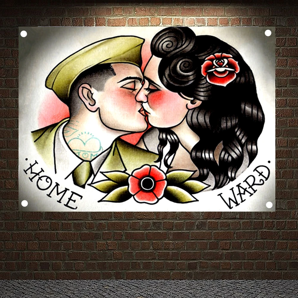 

HOME WARD Tattoo Banners Vintage Canvas Painting Retro Wall Art Print Posters Mural Hanging Flags 4 Gromments in Corners