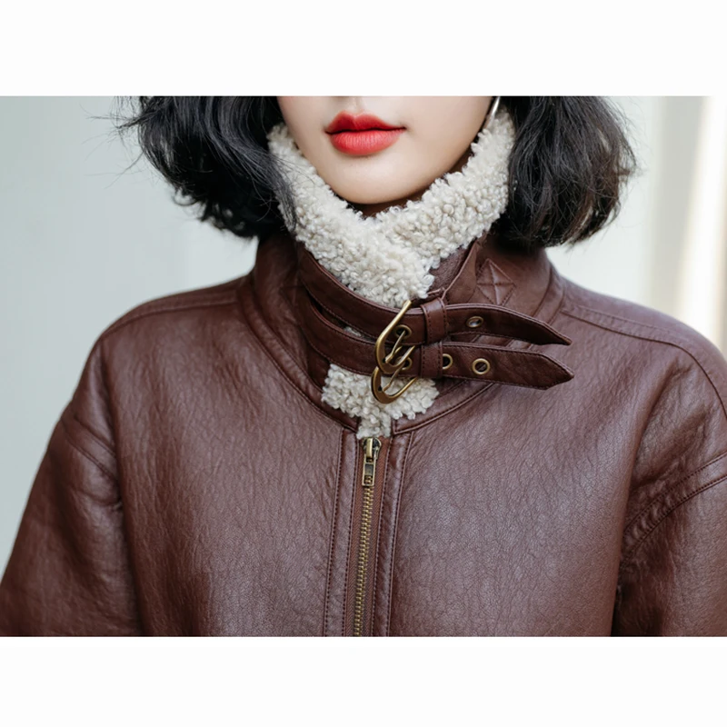 New Women Double Faced Fur Coat Autumn Winter Casual Fashion Moto Biker Style Lamb Plush Liner Thick Warm Sheepskin Leather Coat