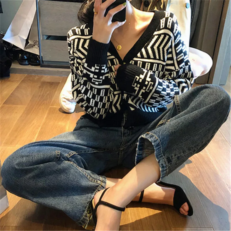 Винтажный геометрический вязаный кардиган женский модный осенне-зимний свитер