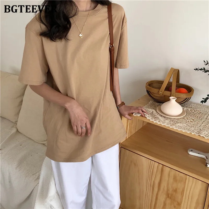 Футболка BGTEEVER женская с коротким рукавом однотонная Свободная Повседневная