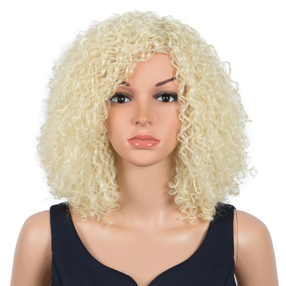 

14 Inch Afro Kinky Curly Hair Wig Natural Bob Wavy Fake Hair Synthetic Ombre Blonde Water Wave Heat Resistant Wigs For Women