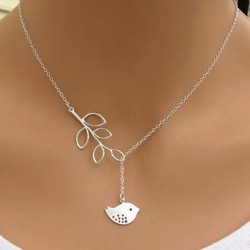 

Fashion Leaves Birds Pendant Necklace Silver Color Trendy Long Chain Choker Necklaces for Women Jewelry