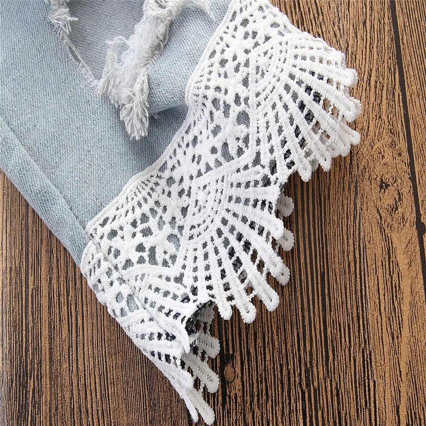 

Girl Clothes Set Short-sleeved Bubble Sleeve Blue Striped Off-shoulder Top Ripped Trousers Two-piece Suit 2020 Girl Suit Summer