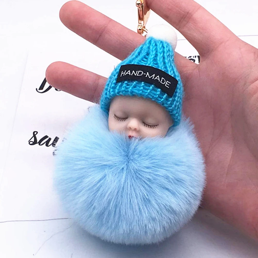 

Fashion Colorful Sleeping Baby Doll Women Rabbit Fur Cony Hair Ball Pompom Charm Keychain Hanging Car Handbag Key Ring Pendant
