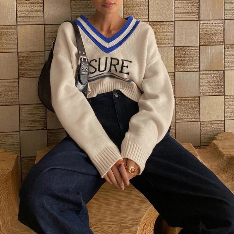 

2021 Spring Autumn Soft Crop Tops Casual V-neck Short Sweater Long Sleeve Pullover Patchwork Letter Print Streetwear for Women