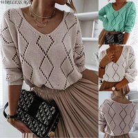 women knitted hoodie long sleeve v neck solid color diamond hollow loose casual womens pullover top spring autumn fashion wild