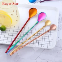8pcs stainless steel spiral pattern long straw spoon reusable drinking straw spoons stirring honey bar accessories party supply