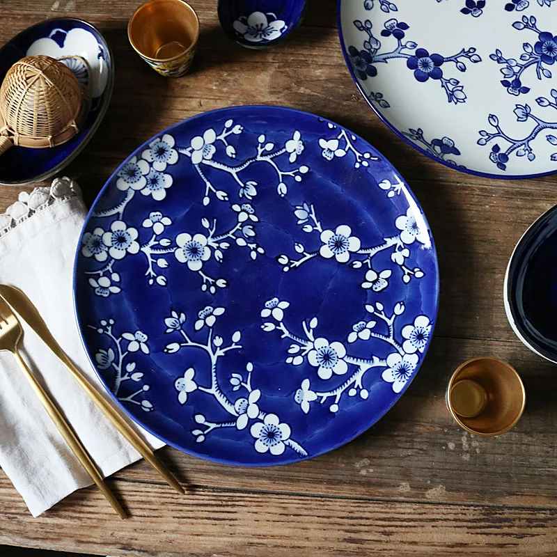 Обеденные тарелки в богемном стиле с синим геометрическим узором керамическая