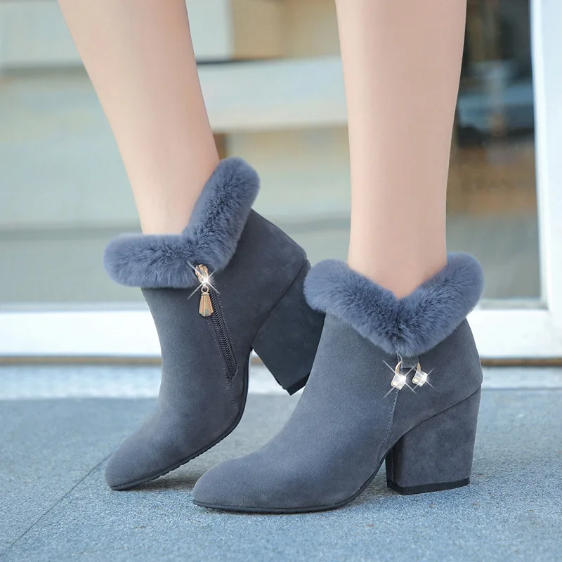 

Women's Nude Boots Autumn and Winter Warm Fur BootsPointed Ankle Boots Thick Heel Round Toe Short Boots Comfortable Casual Boots