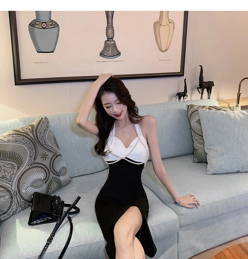 

European and American Women's Dress Black and White Color Matching Medium Length Sexy V-neck Open Back Slim Halterdress