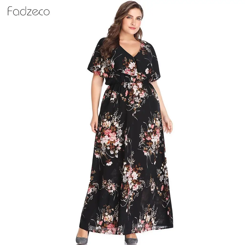 Для женщин Большие размеры летнее платье Женский V образным вырезом Цветочный