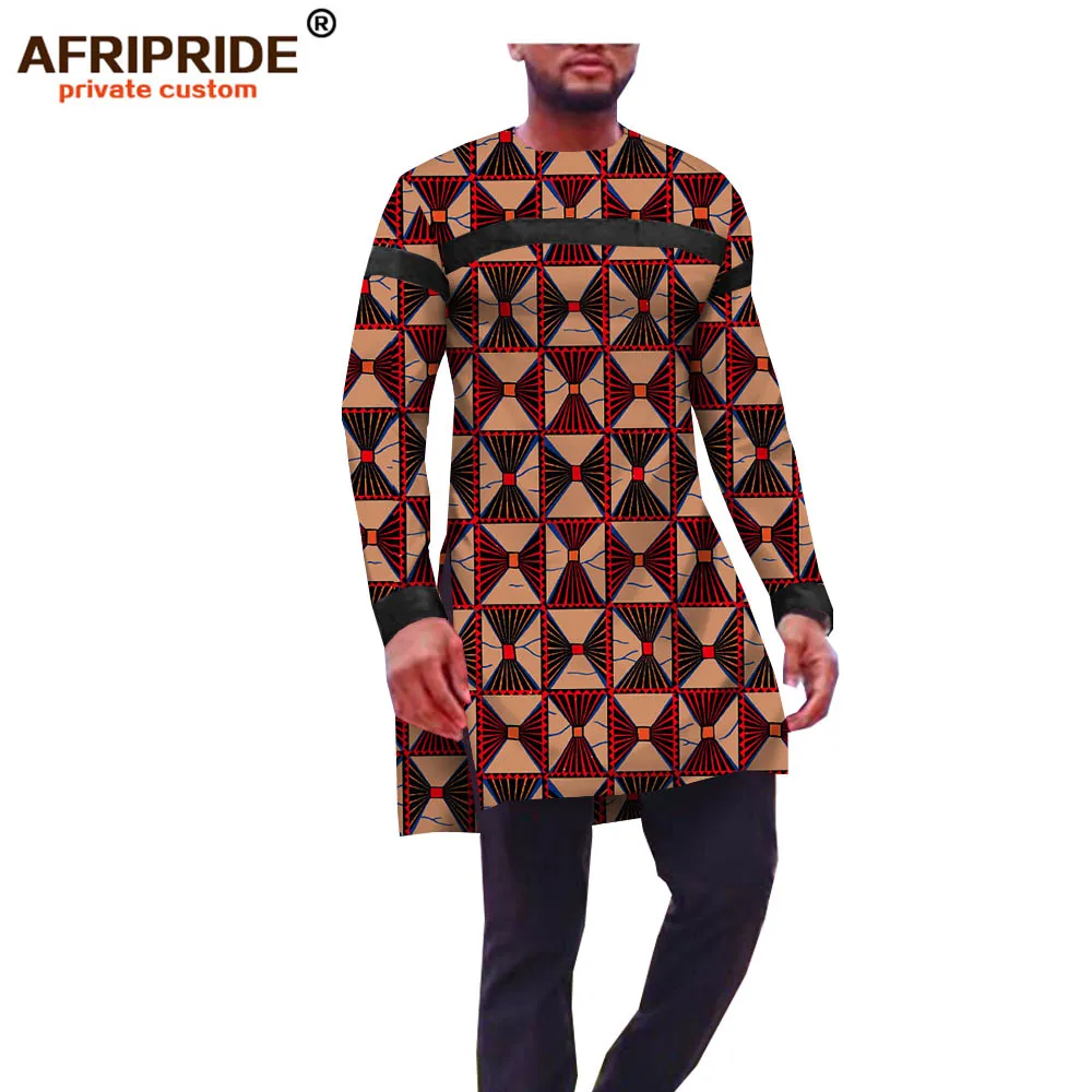 Африканская Повседневная рубашка для мужчин AFRIPRIDE сделанная на заказ рубашка с длинным рукавом и круглым вырезом с длинным разрезом по бокам африканская восковая хлопковая рубашка A1812002 - Цвет: 499J