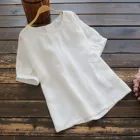Рубашка женская из хлопка и льна, повседневный белый топ с круглым вырезом и коротким рукавом, свободная модная блузка, рубашка, на лето