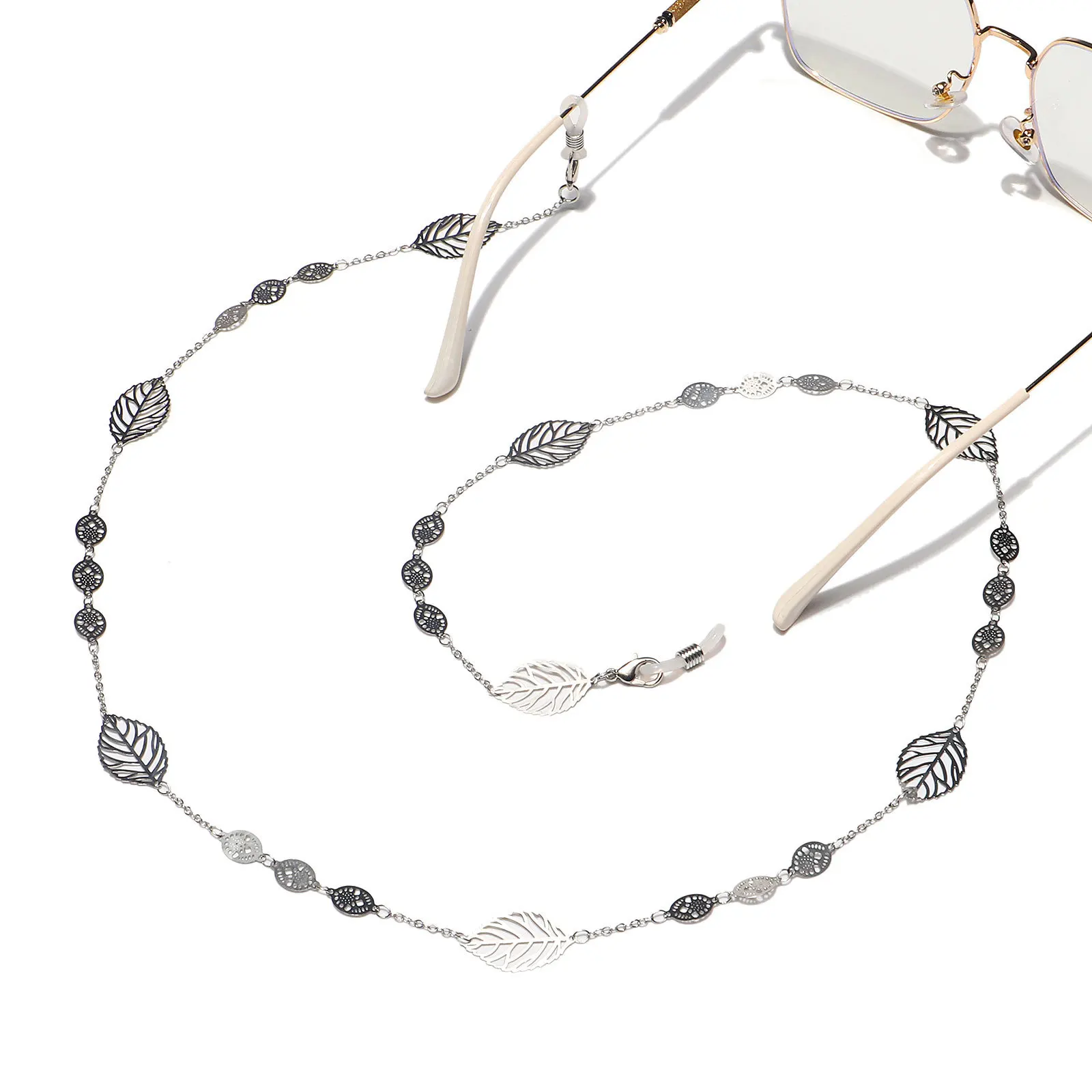 

2021 Trendy Anti-slip Metal Spectacle Rope Silver Color Hollow Leaves Pearl Hand-chain Glasses Chain Spectacle Rope
